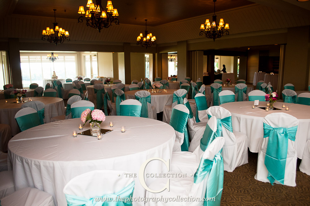Lauren choose the white chair covers and Tiffany Blue chair ties and the